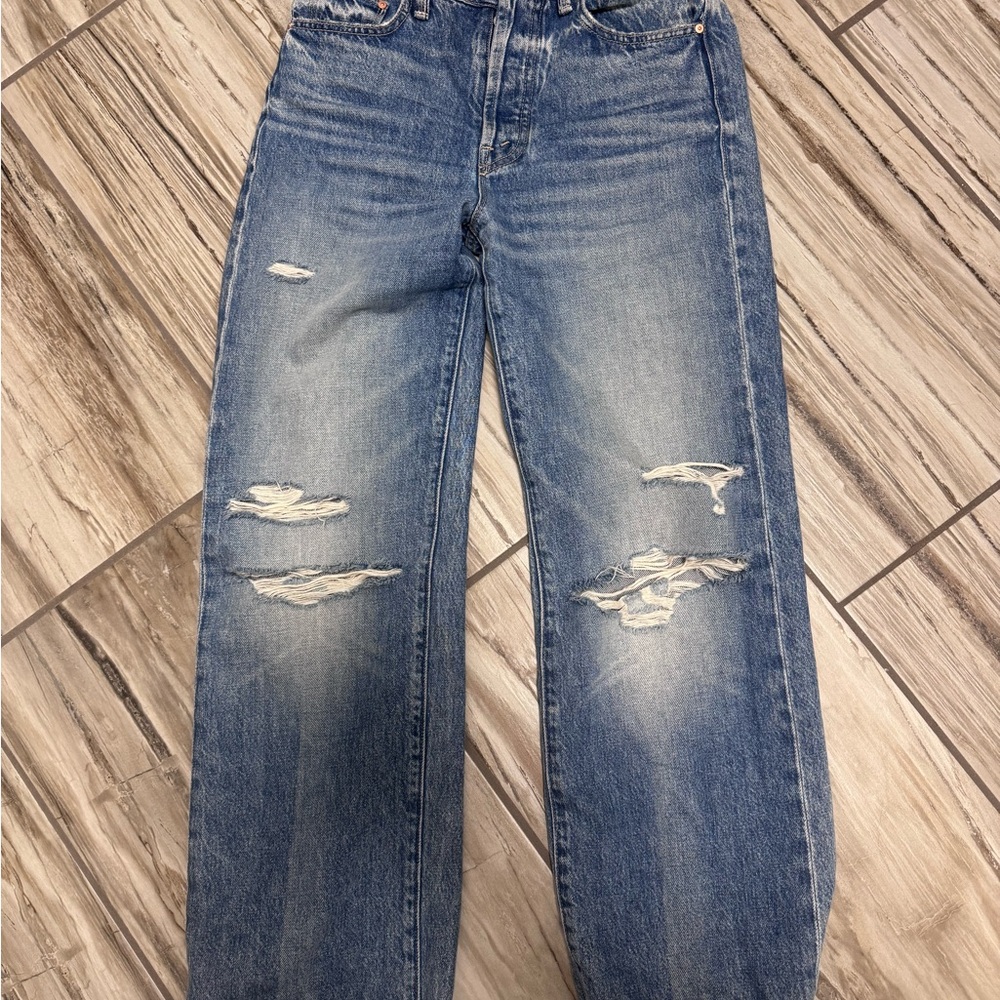 MOTHER Blue Distressed Straight Leg Jeans